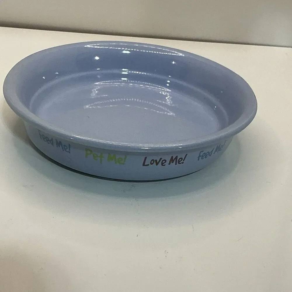 ROOM Creative Color Me Happy Pet Bowl Blue Stoneware Feed Me Love Me 6”